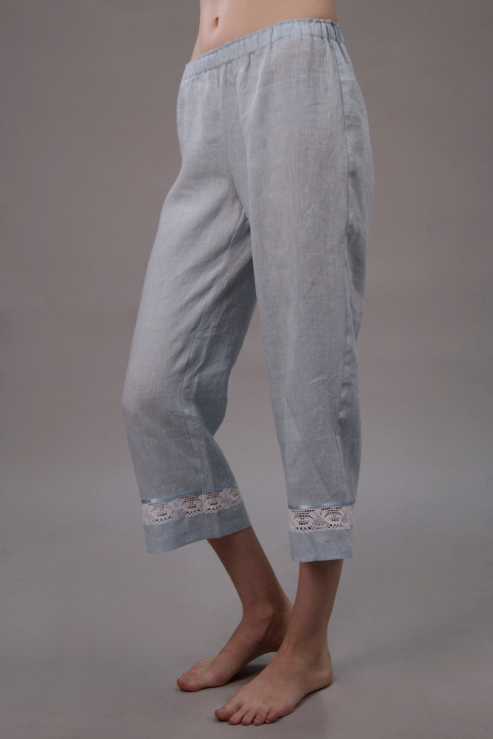 Linen Cropped Pajama Trouser CHARLOTTE with Lace Decor