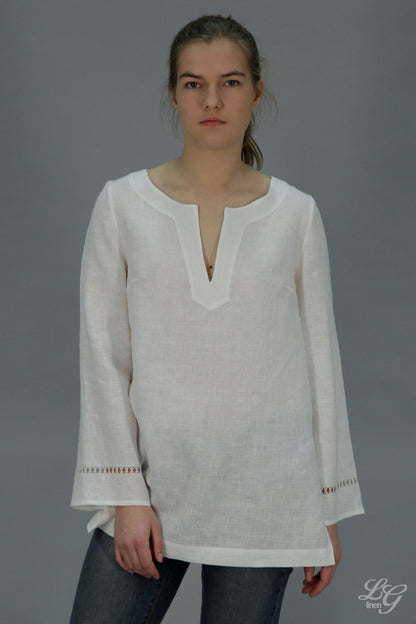 Linen Tunic NELLE Longsleeve / Linen Blouse with Drawnwork on Sleeves