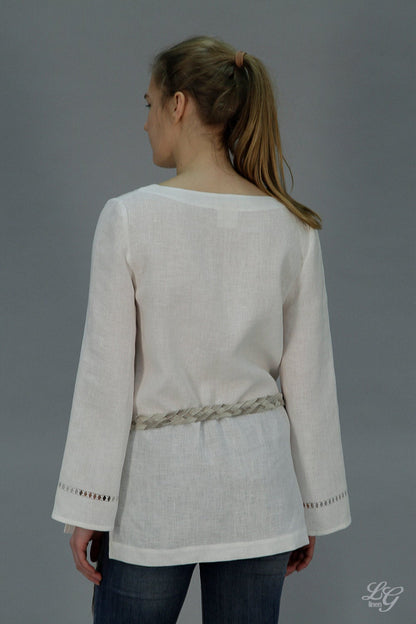 Linen Tunic NELLE Longsleeve / Linen Blouse with Drawnwork on Sleeves