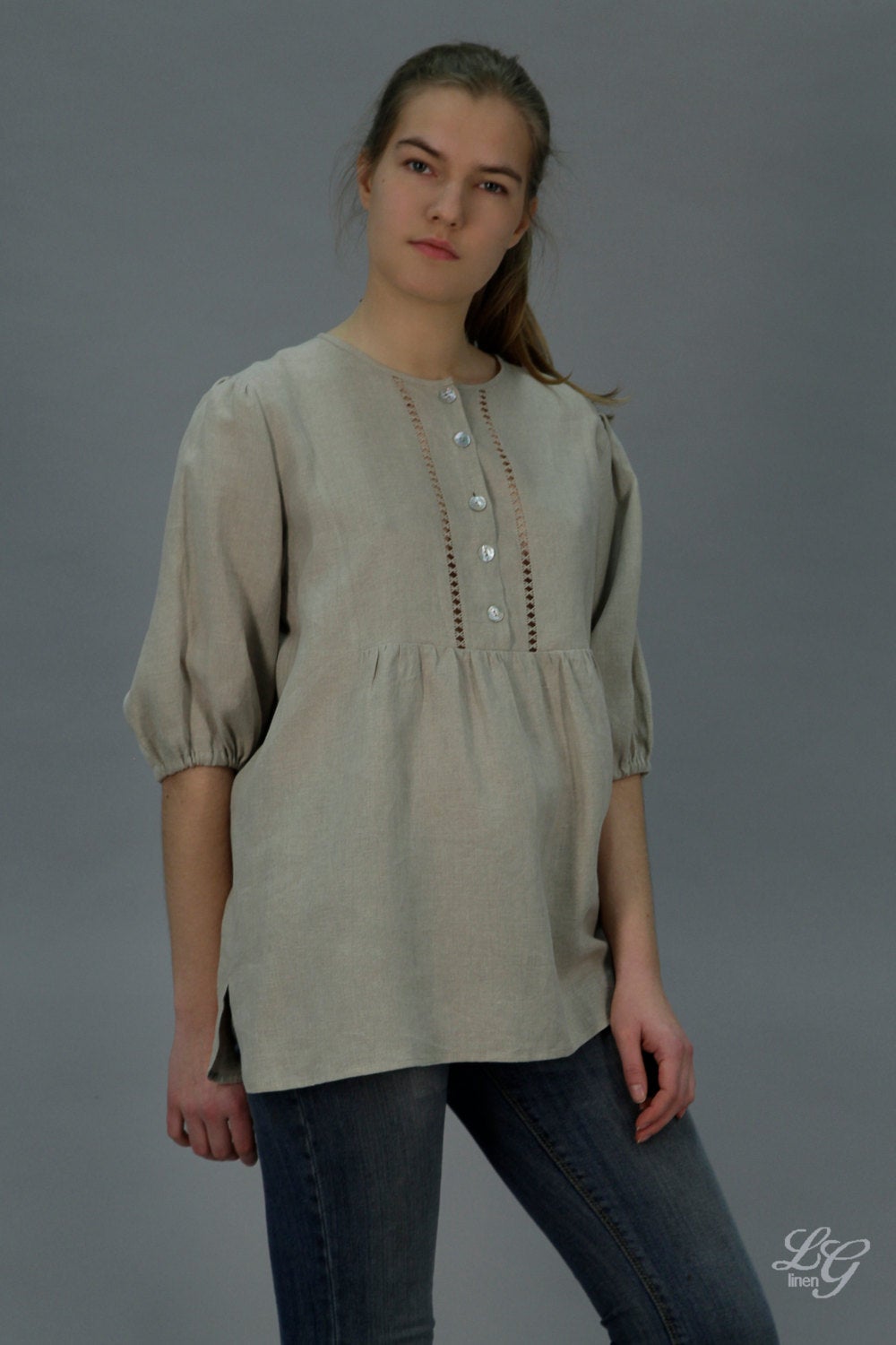 Linen Blouse INGRID With Handmade Drawnwork