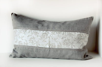 Luxury Linen Pillow Cover Combined from Natural and Floral Jacuard Fabrics