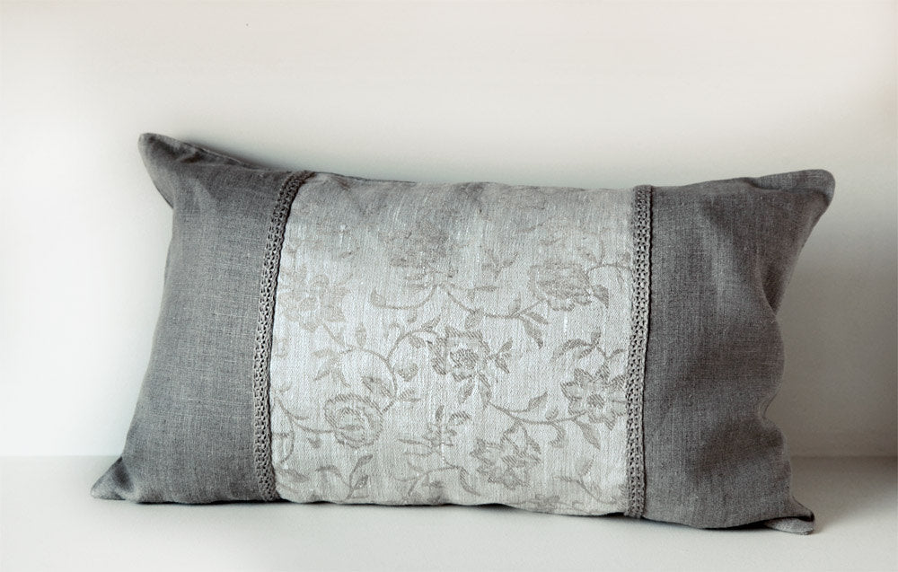 Luxury Linen Pillow Cover Combined from Natural and Floral Jacuard Fabrics