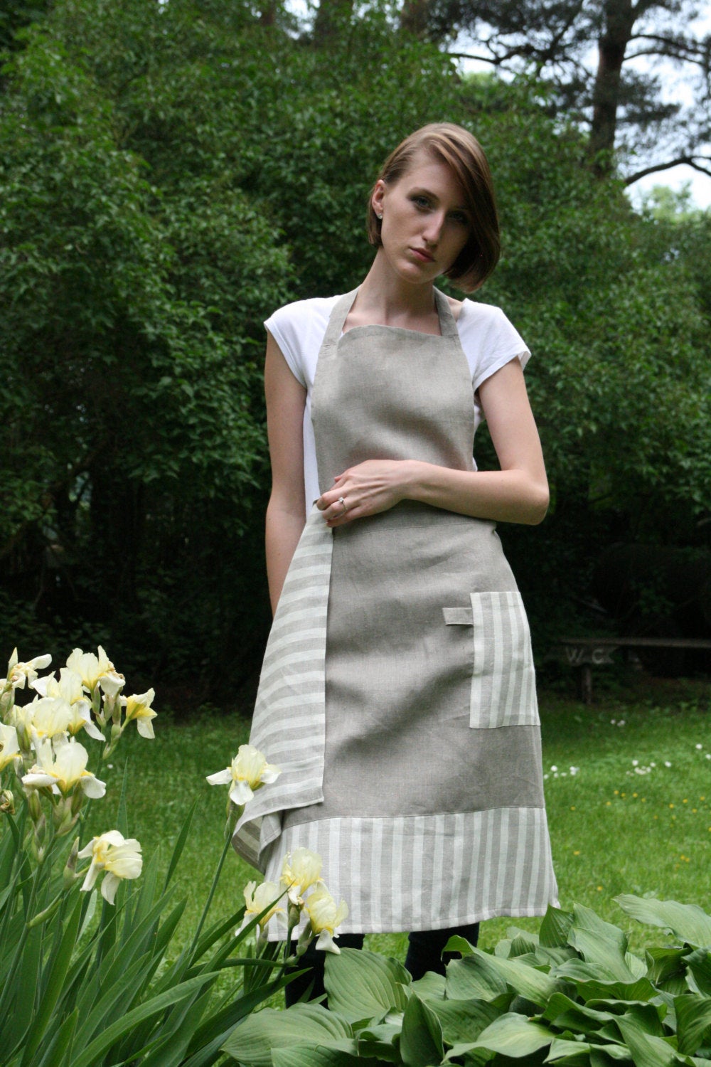 Linen Full Apron & Kitchen Towel/ Natural and Striped Combination