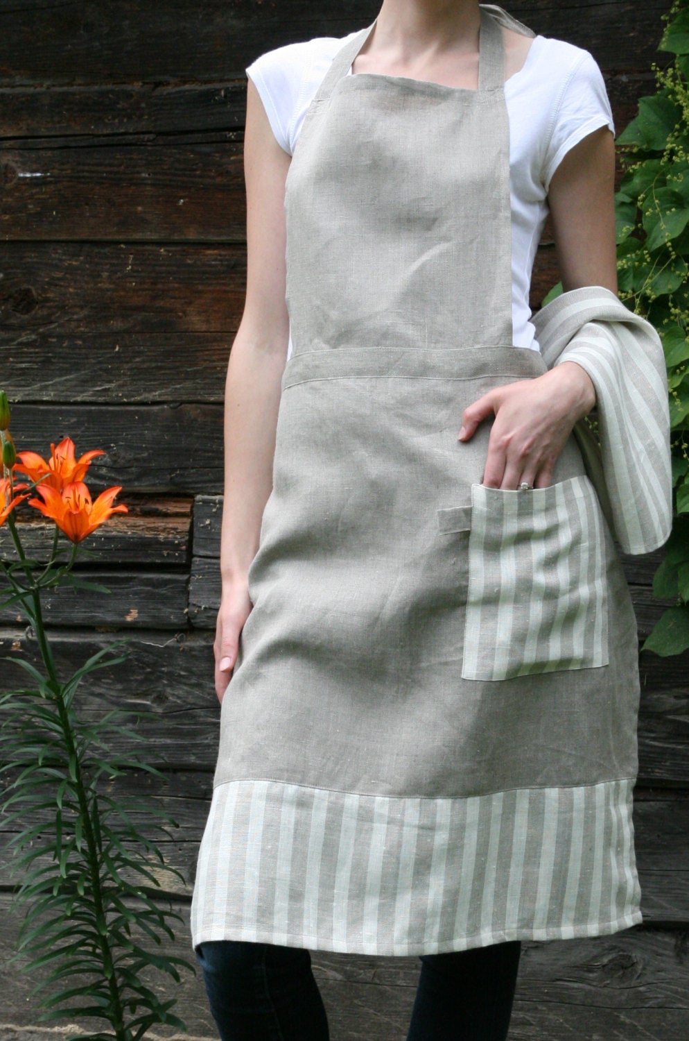 Linen Full Apron & Kitchen Towel/ Natural and Striped Combination