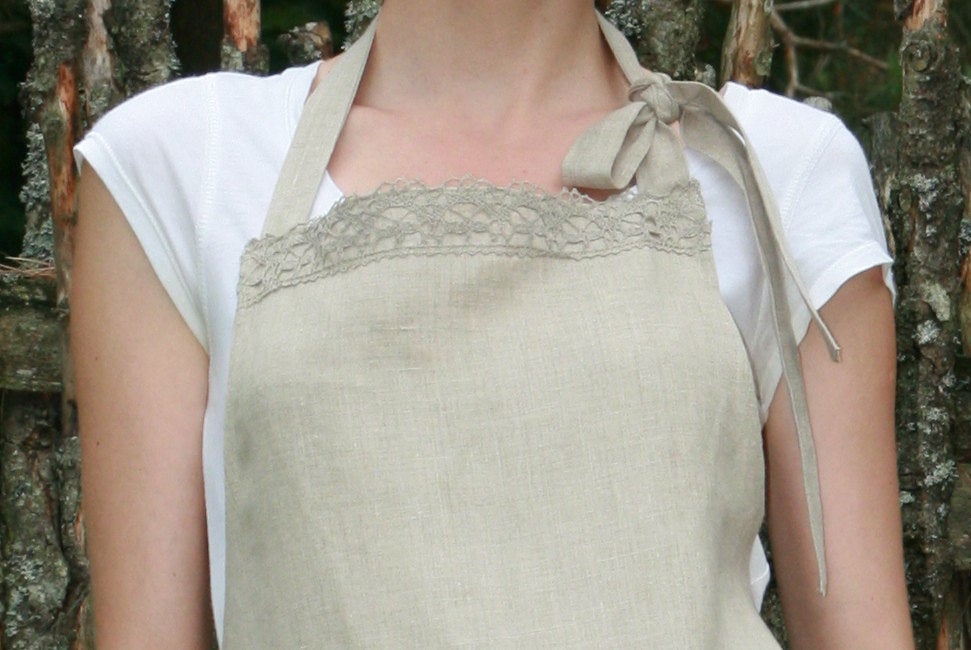Linen Full Organic Apron Decorated With Linen Lace/ Luxury Linen For Her