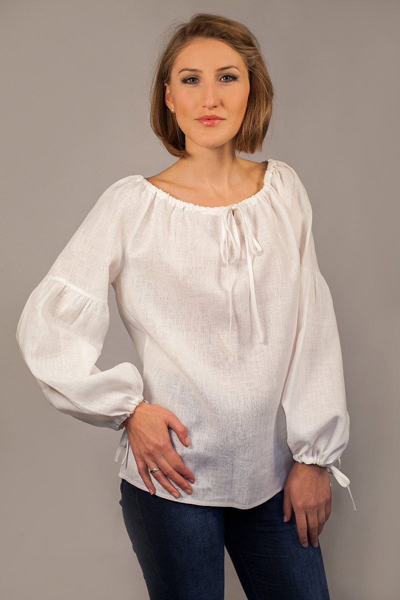 Linen white blouse PEASANT with long sleeves