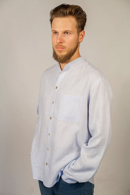 Linen Long Sleeve Dress Shirt For Men With Stand