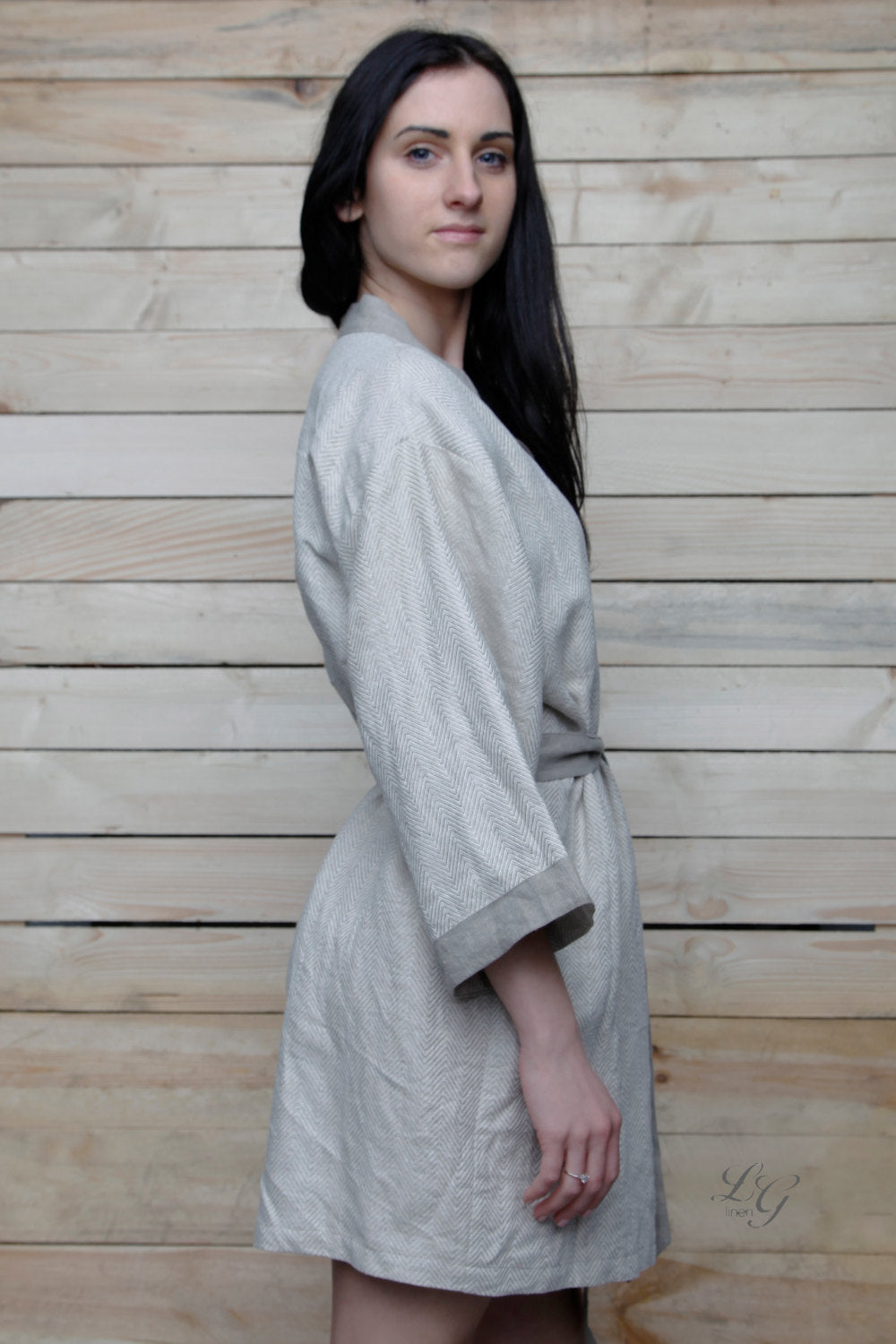 Luxury Bath Robe- KIMONO- in Herringbone Design Softest Lithuanian Linen