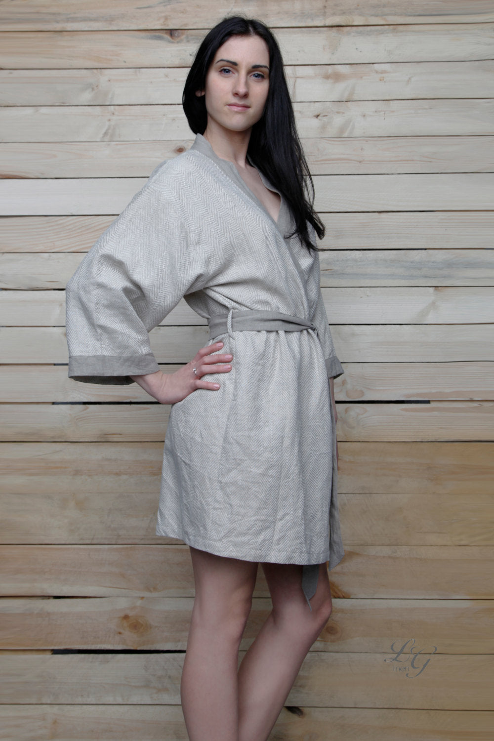 Luxury Bath Robe- KIMONO- in Herringbone Design Softest Lithuanian Linen