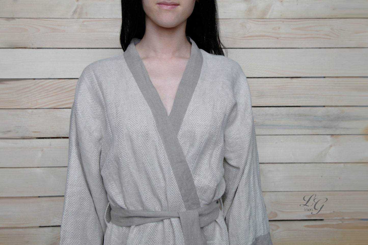 Luxury Bath Robe- KIMONO- in Herringbone Design Softest Lithuanian Linen