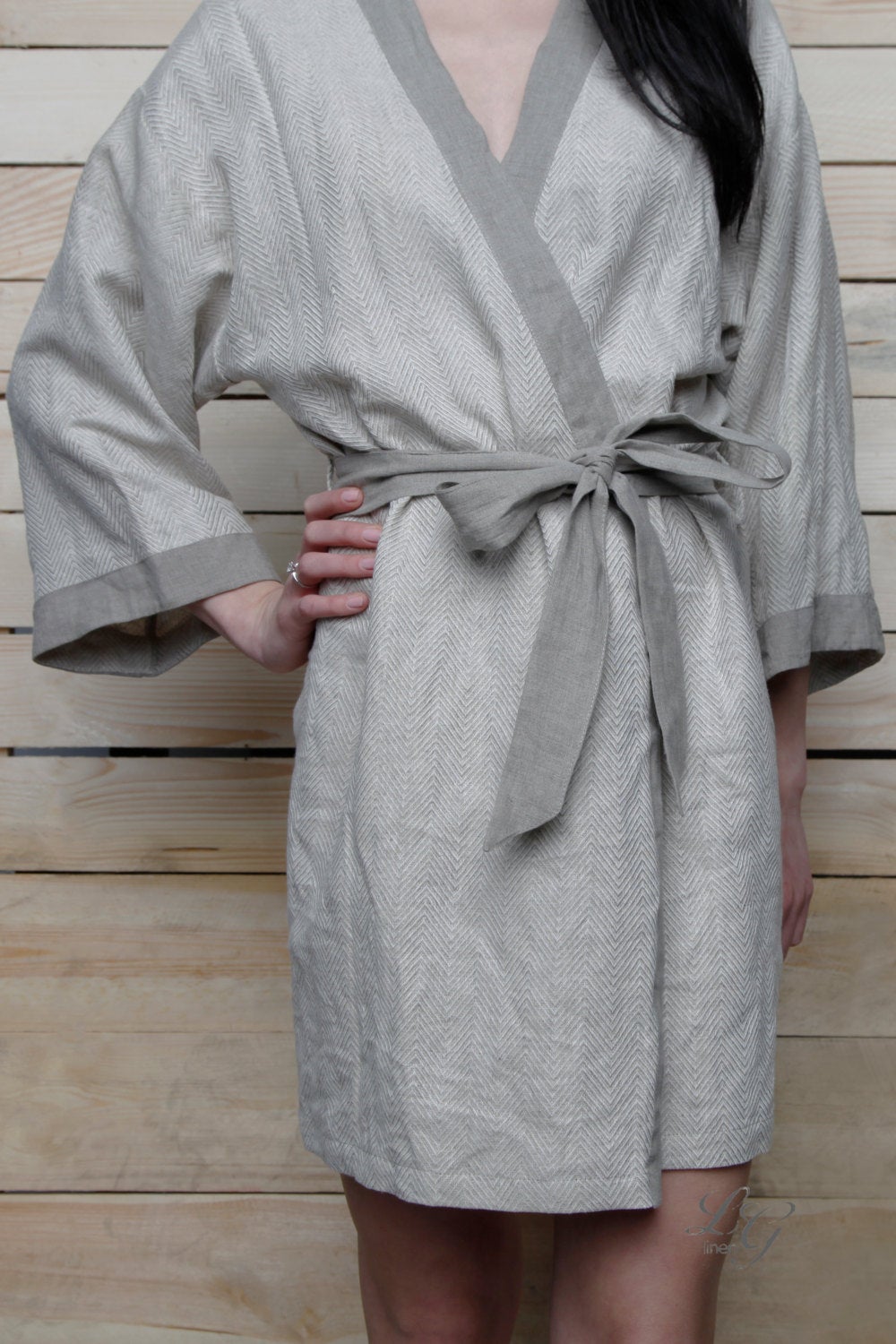 Luxury Bath Robe- KIMONO- in Herringbone Design Softest Lithuanian Linen