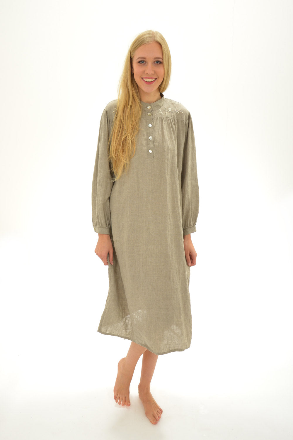 Linen Night Gown VICTORIA with Handmade Embroidery on Yokes