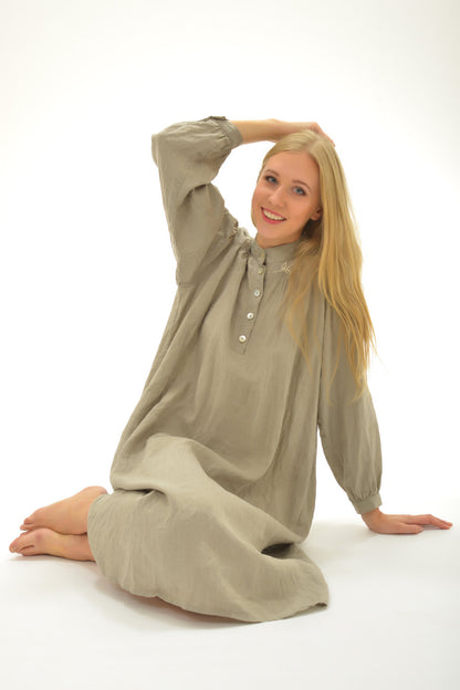 Linen Night Gown VICTORIA with Handmade Embroidery on Yokes