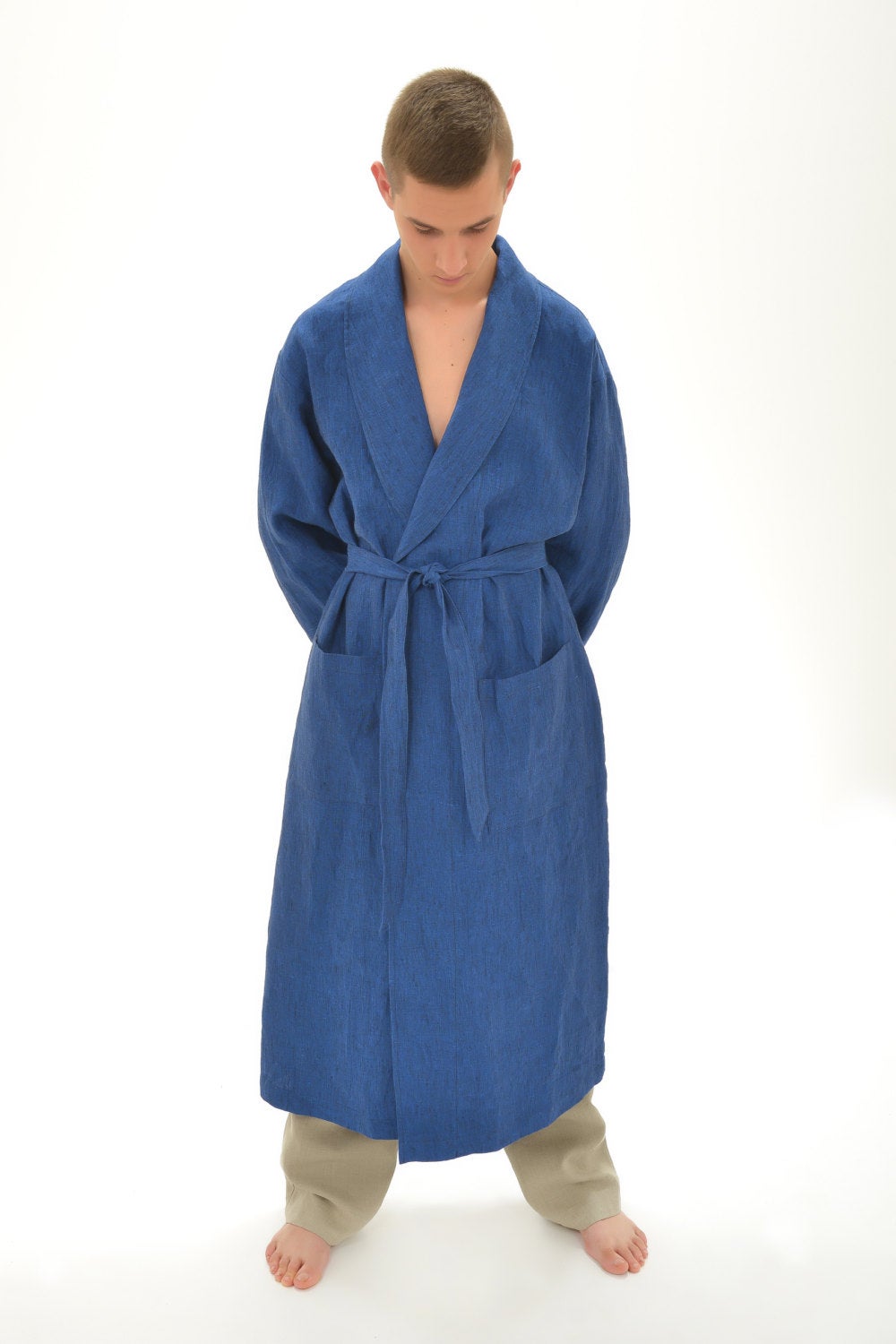 Linen Bath Robe Mens GENTLEMAN With Shawl Collar